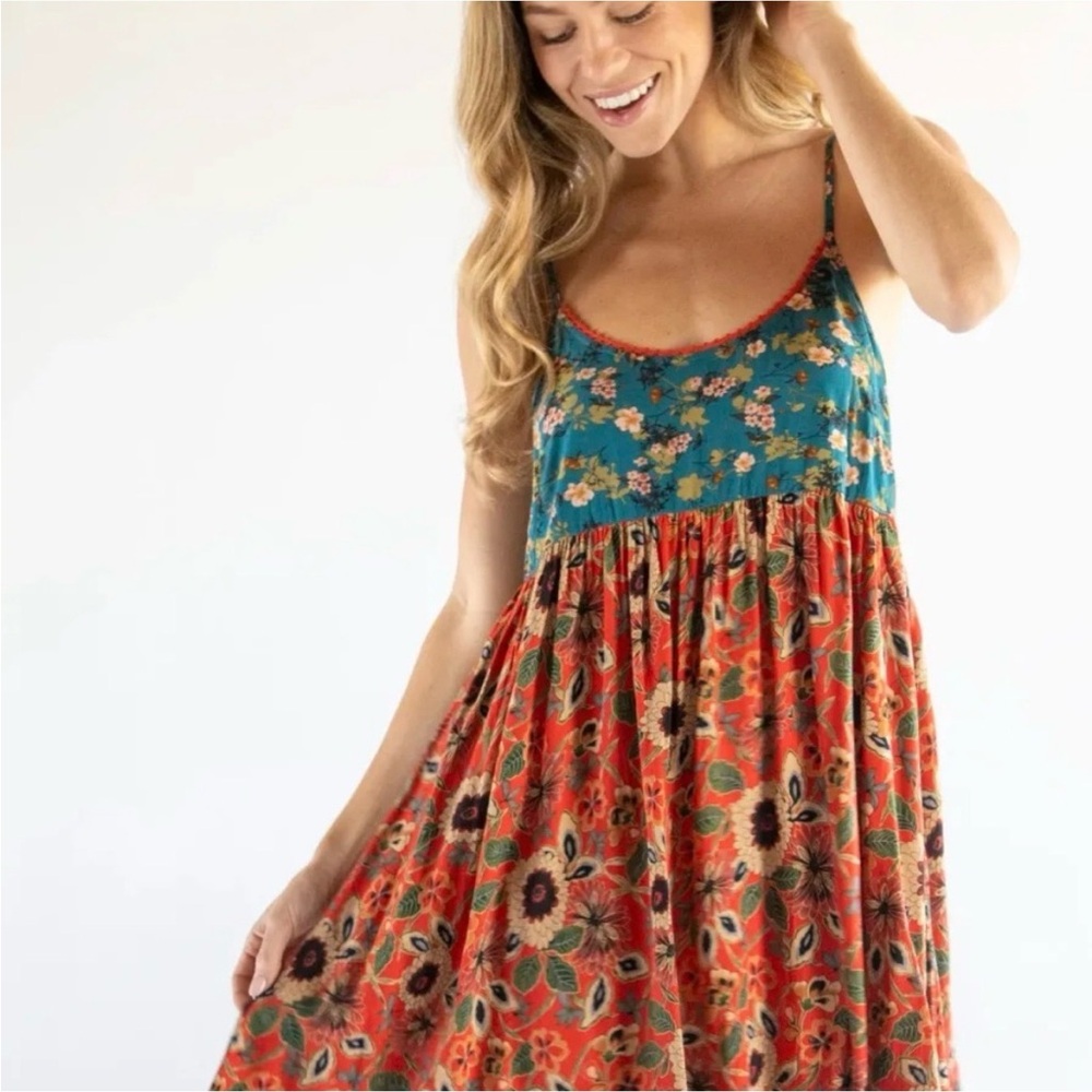 NATURAL LIFE Floral Midi Dress - Teal and Red